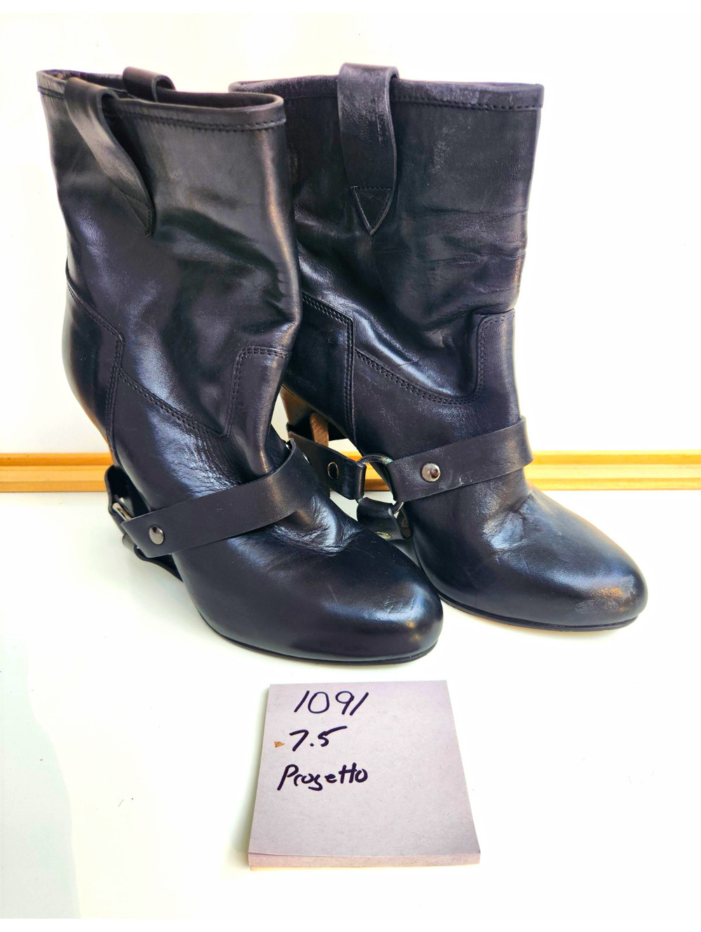 Progetto Women’s Black Leather Mid-Calf Biker Boots Buckle US 7.5